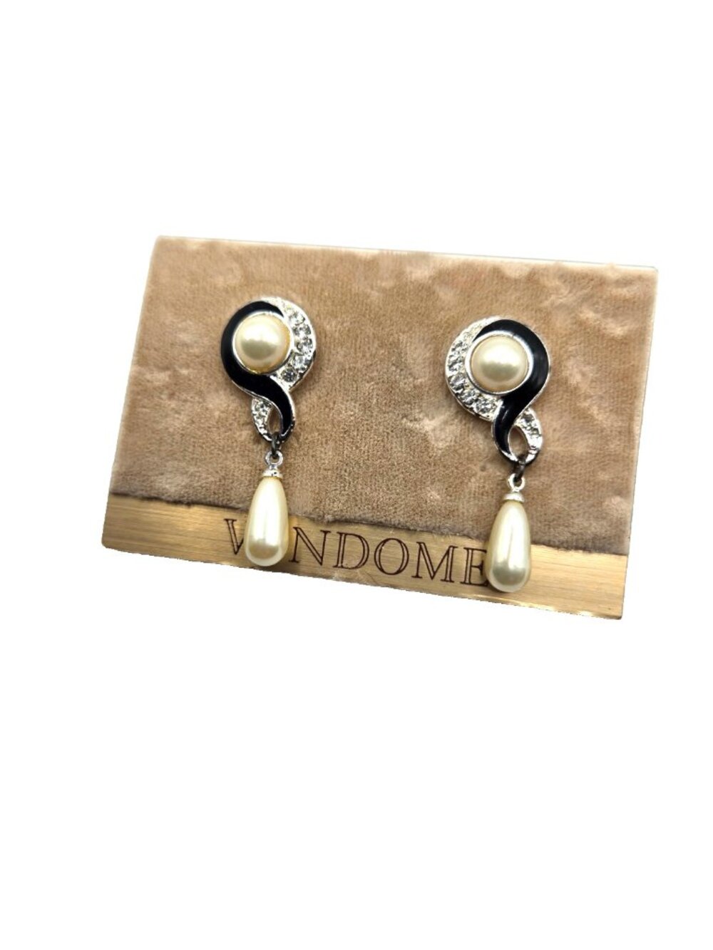 Vintage NOS Vendome Faux Pearl Black Enamel Rhinestone Drop Clip Earrings On Car